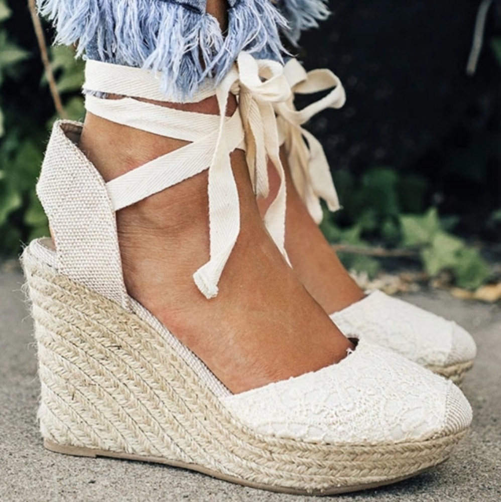 Lace up white wedges